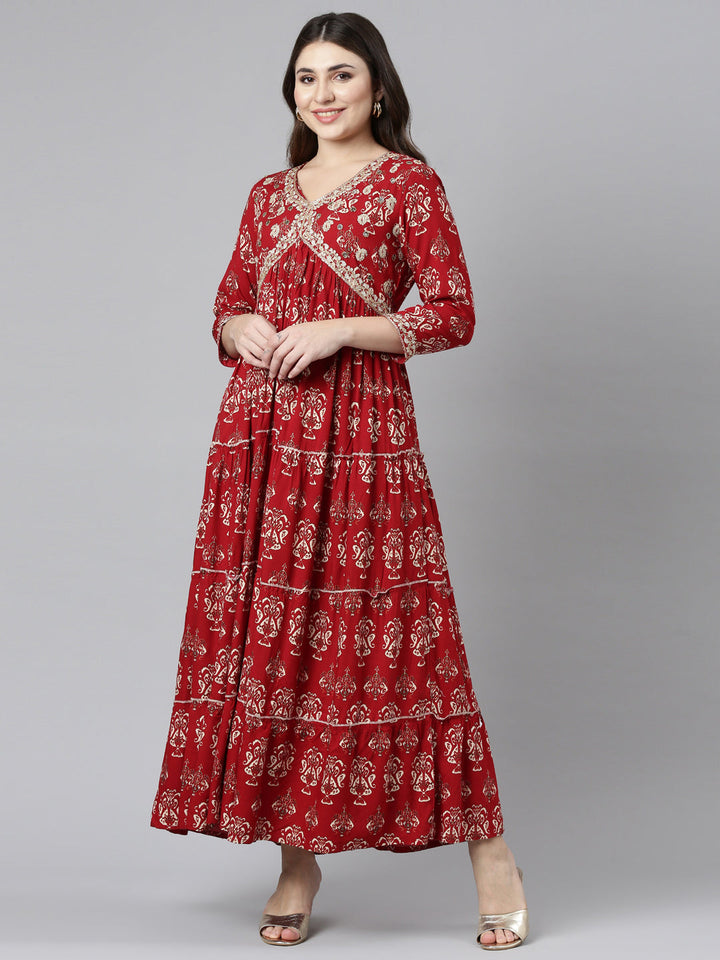 Neerus Maroon printed straight gown - front view