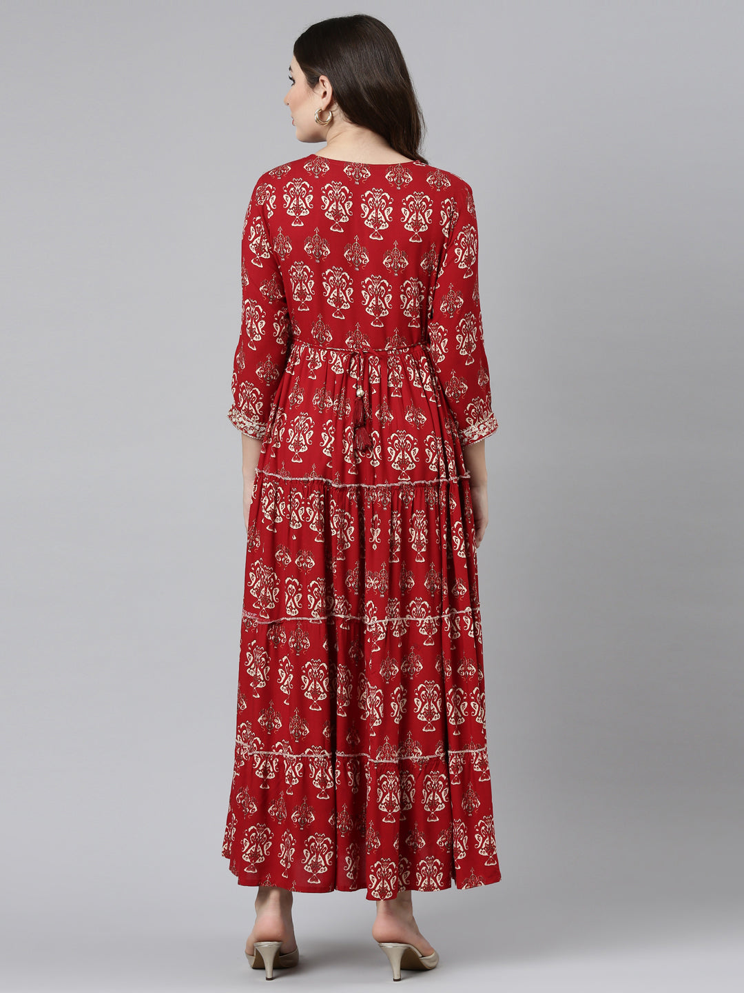 Neerus Maroon printed straight gown - side view