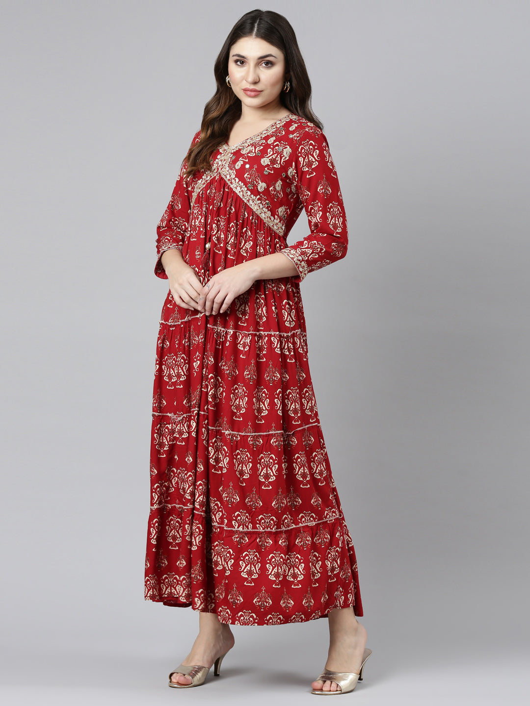 Neerus Maroon printed straight gown - detail view 2