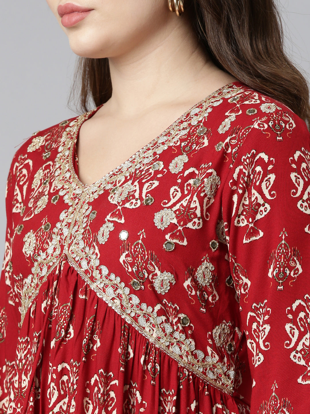 Neerus Maroon printed straight gown - detail view 1