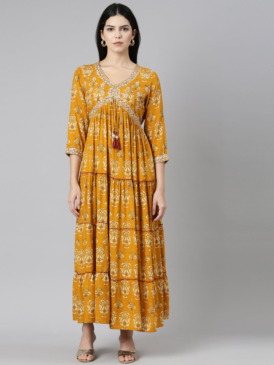 Neerus Yellow printed straight casual dress - front view