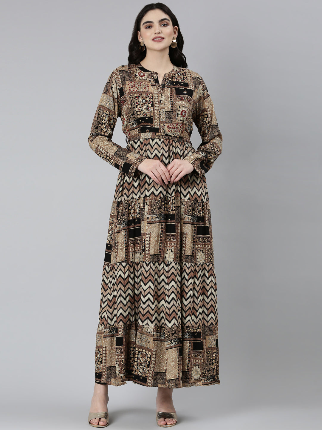 Neerus Black printed chevron straight dress - front view