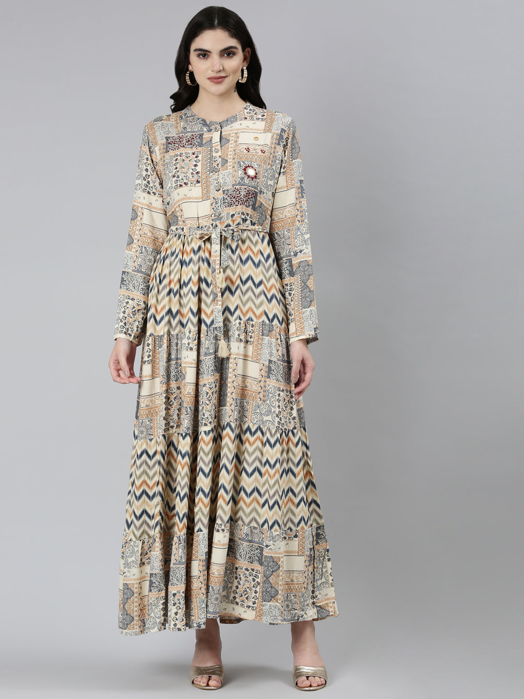 Neerus Beige chevron printed straight dress - front view