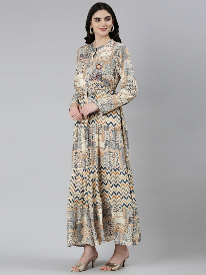 Neerus Beige chevron printed straight dress - back view