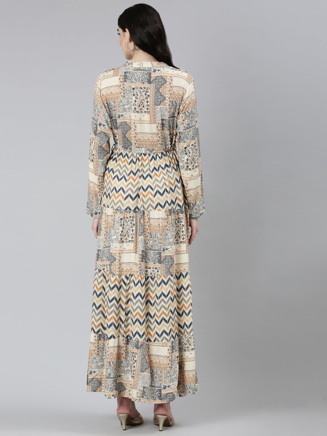 Neerus Beige chevron printed straight dress - side view