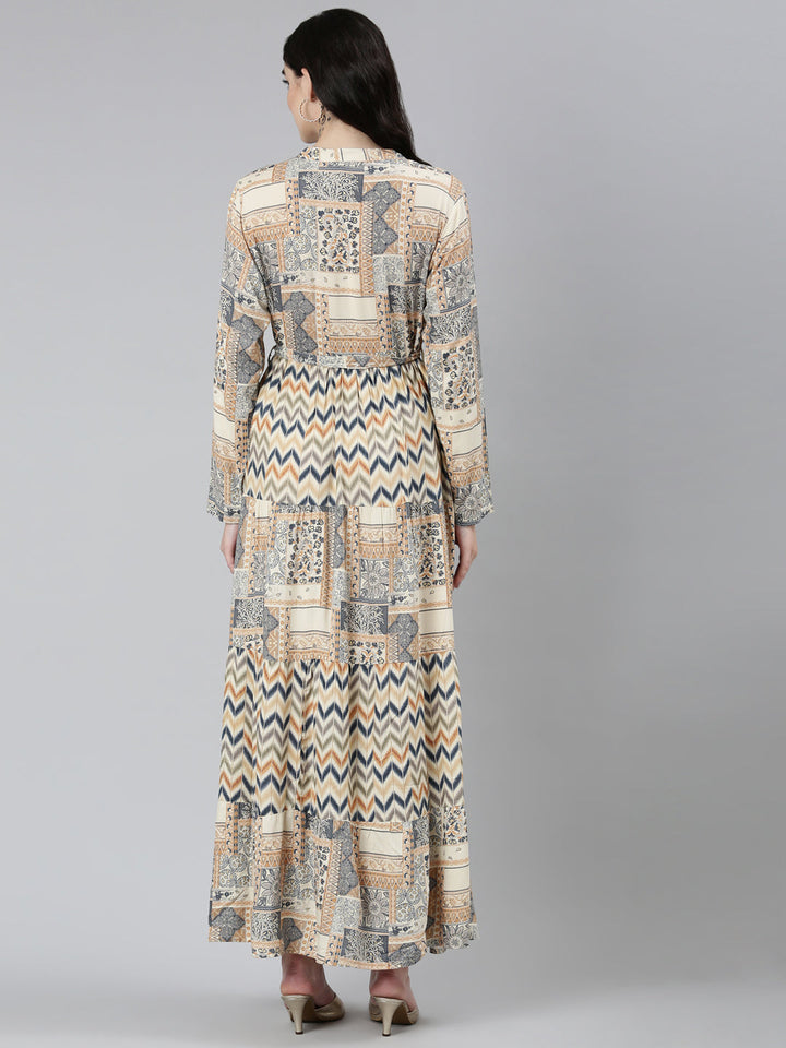 Neerus Beige chevron printed straight dress - side view