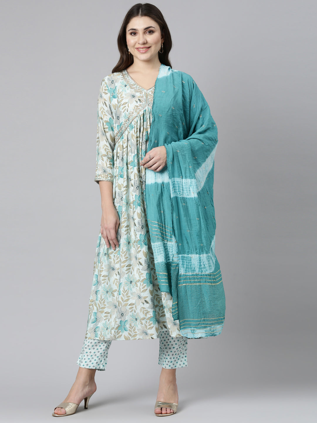 Neerus Blue printed straight kurta set with dupatta - front view