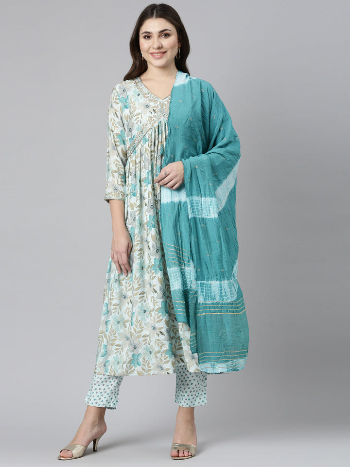 Neerus Blue printed straight kurta set with dupatta - front view