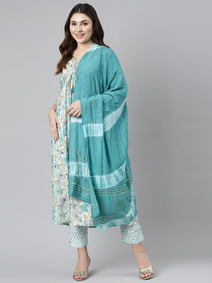 Neerus Blue printed straight kurta set with dupatta - detail view 2