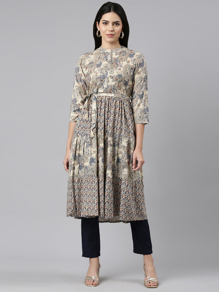 Neerus Blue printed straight kurti pleated detail - front view