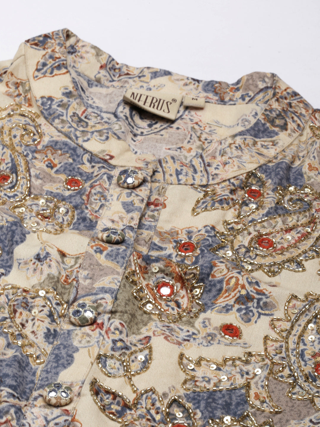 Neerus Blue printed straight kurti pleated detail - detail view 1