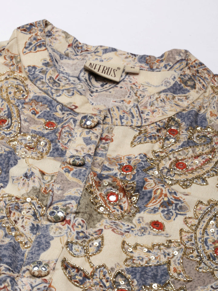 Neerus Blue printed straight kurti pleated detail - detail view 1