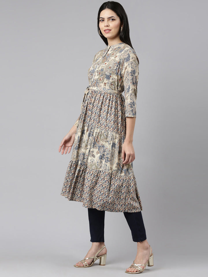 Neerus Blue printed straight kurti pleated detail - back view