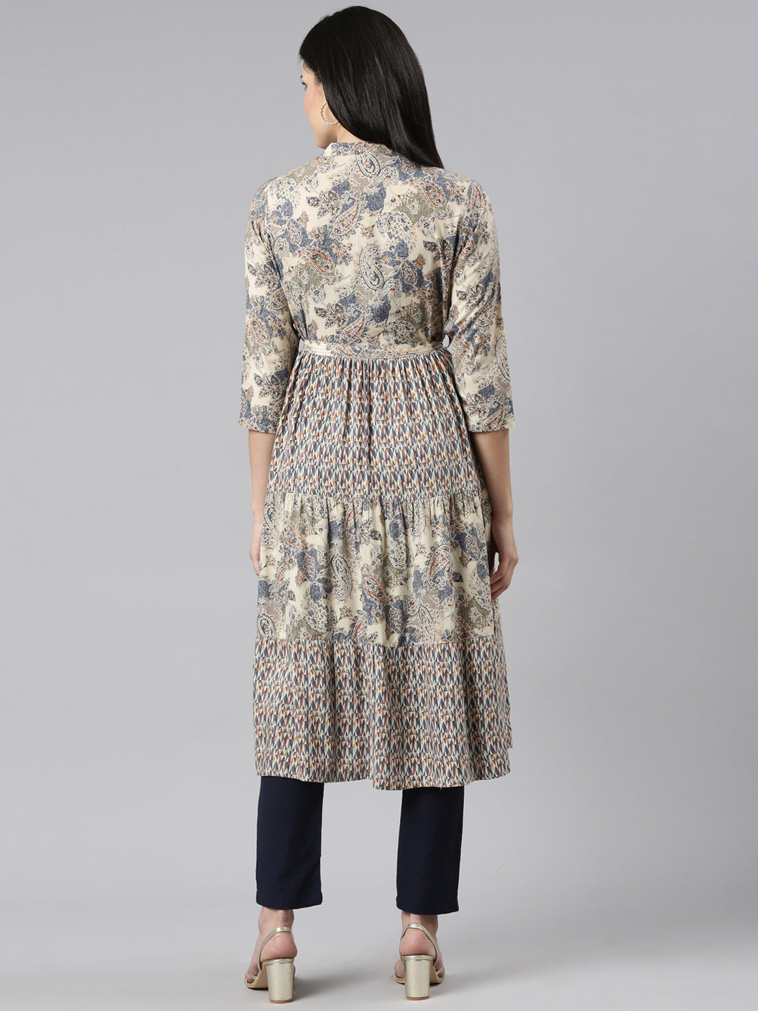 Neerus Blue printed straight kurti pleated detail - side view