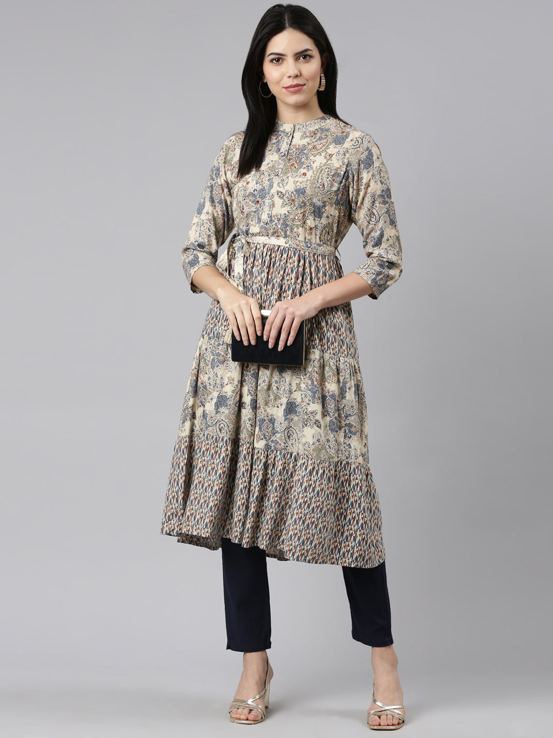 Neerus Blue printed straight kurti pleated detail - detail view 2