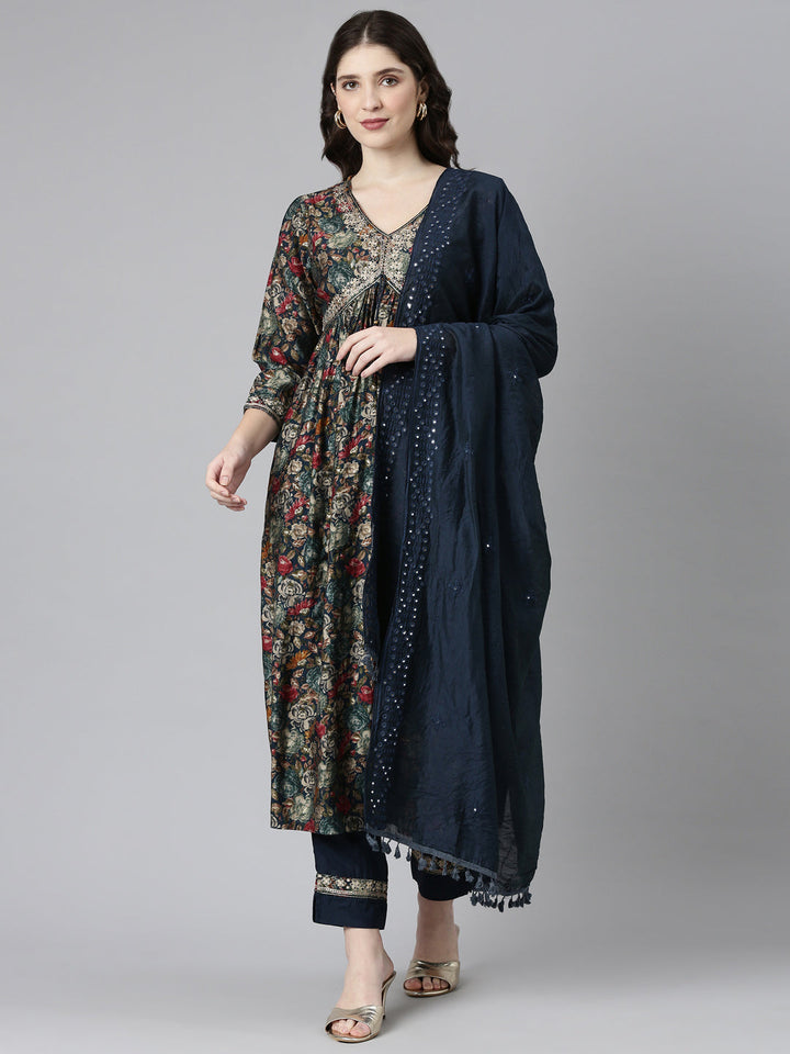 Neerus Green printed straight kurta set - front view