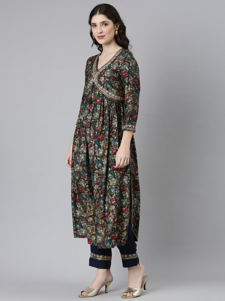 Neerus Green printed straight kurta set - back view