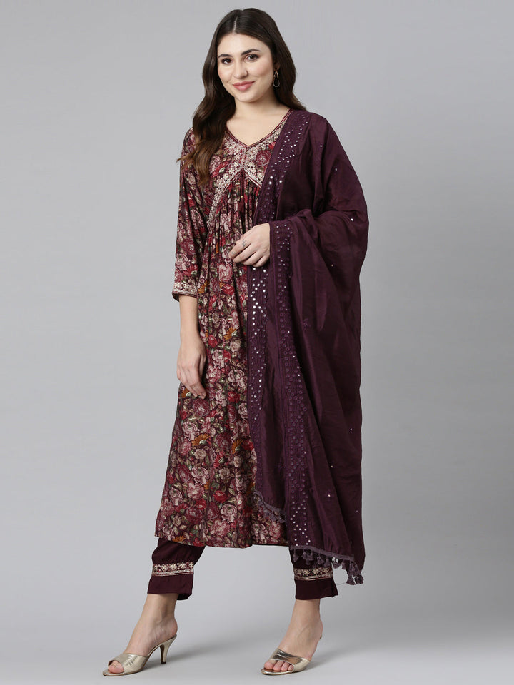Neerus Purple printed straight kurta set with dupatta - detail view 2
