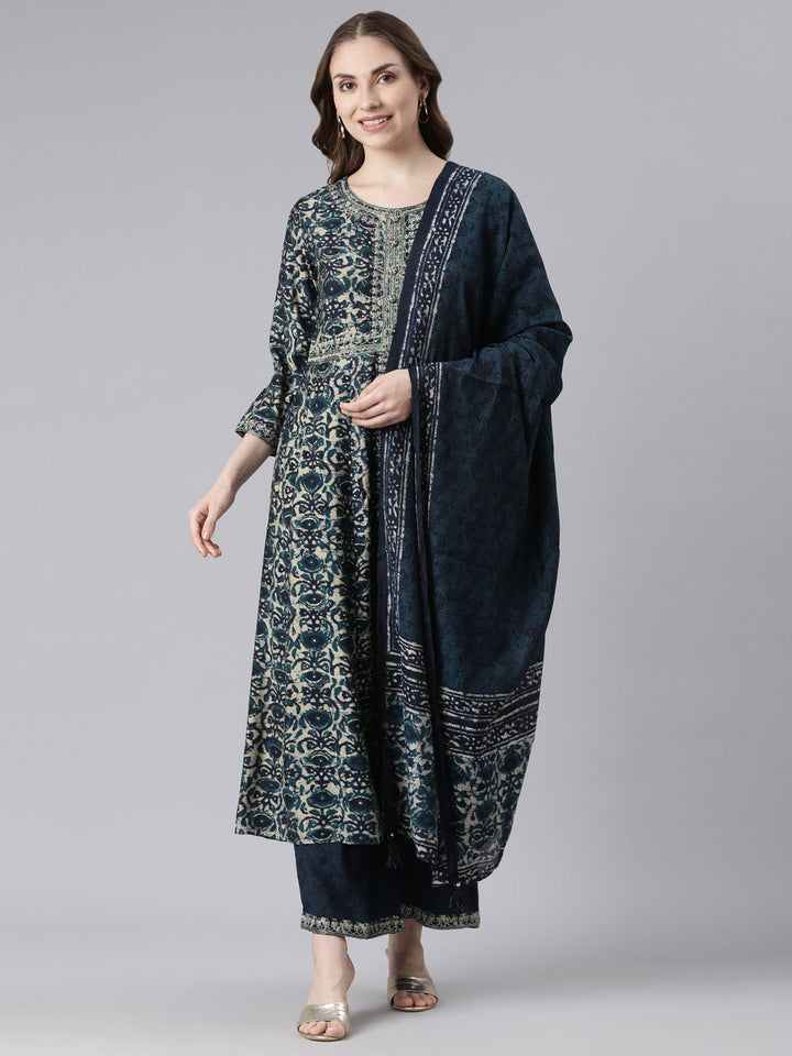 Neerus Blue Model Curved Casual Floral Kurta and Trouser with Dupatta