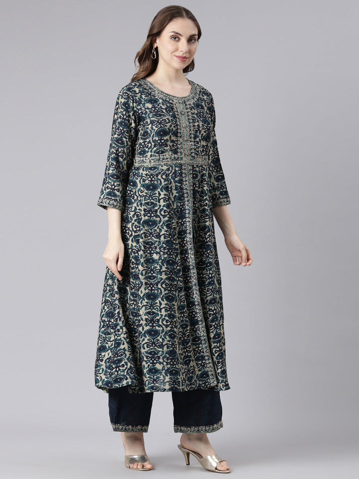 Neerus Blue Model Curved Casual Floral Kurta and Trouser with Dupatta