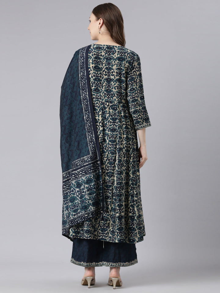 Neerus Blue Model Curved Casual Floral Kurta and Trouser with Dupatta