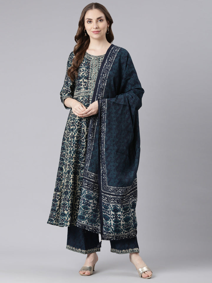 Neerus Blue Model Curved Casual Floral Kurta and Trouser with Dupatta
