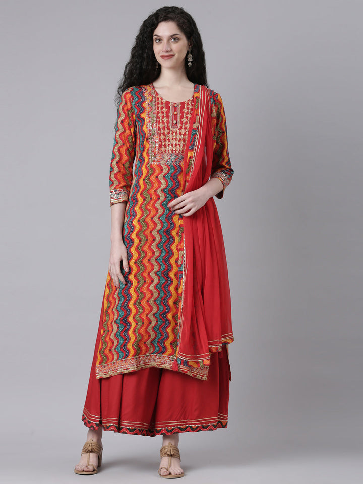 Neerus Multi Printed Straight Kurta and Palazzos With Dupatta