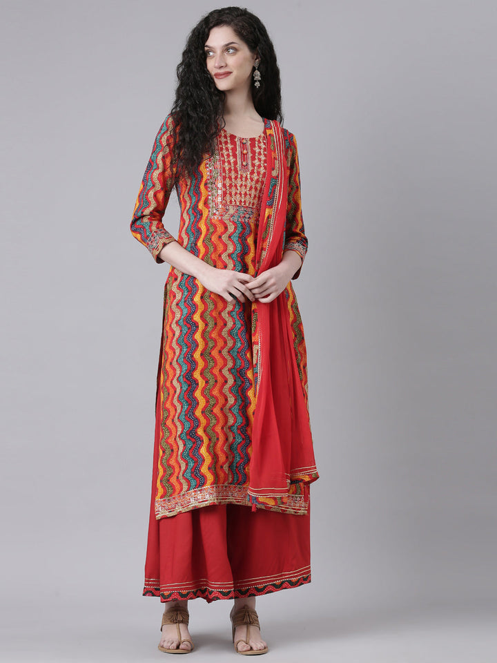 Neerus Multi Printed Straight Kurta and Palazzos With Dupatta
