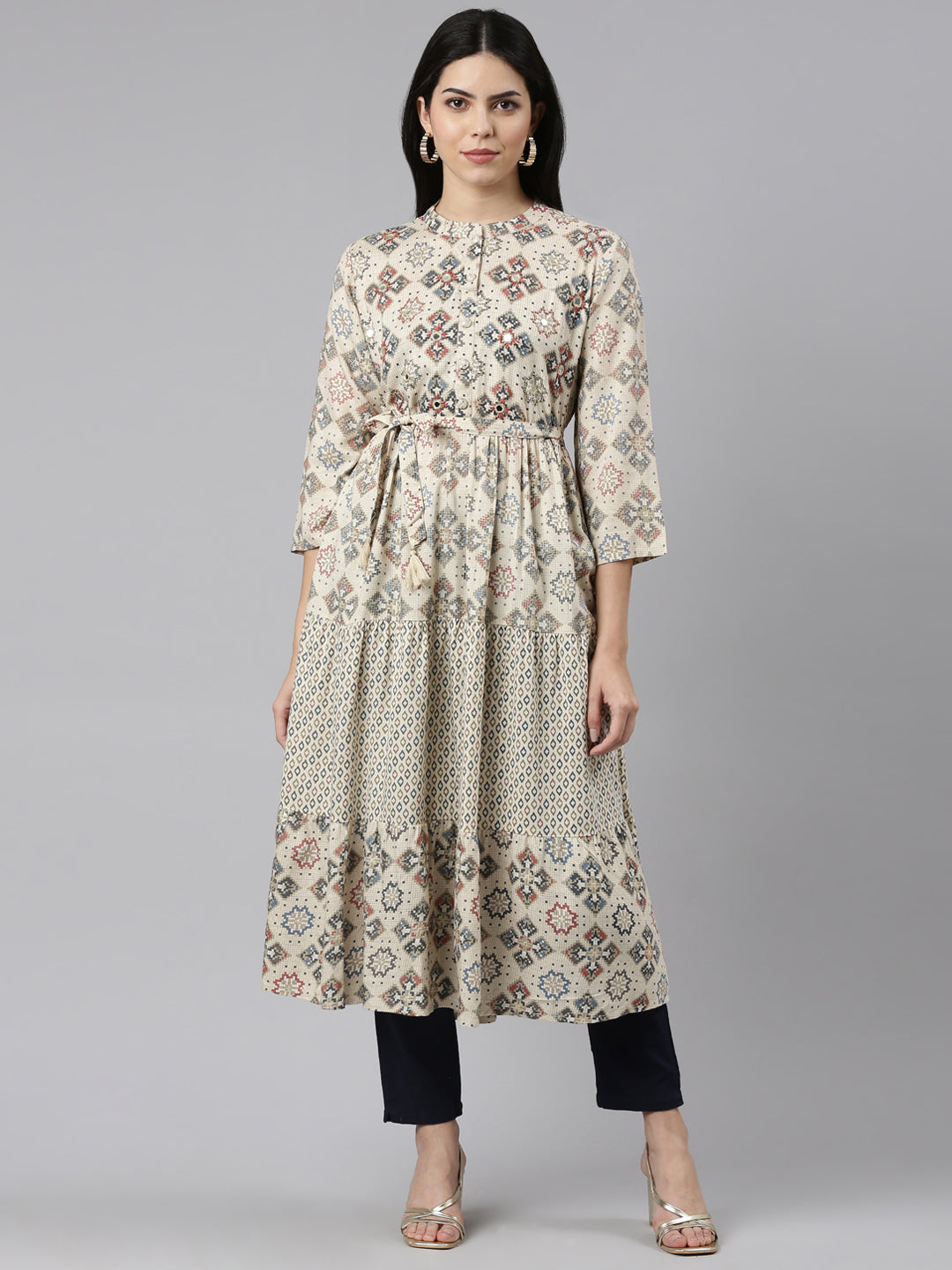 Neerus Beige printed maxi dress straight silhouette - front view
