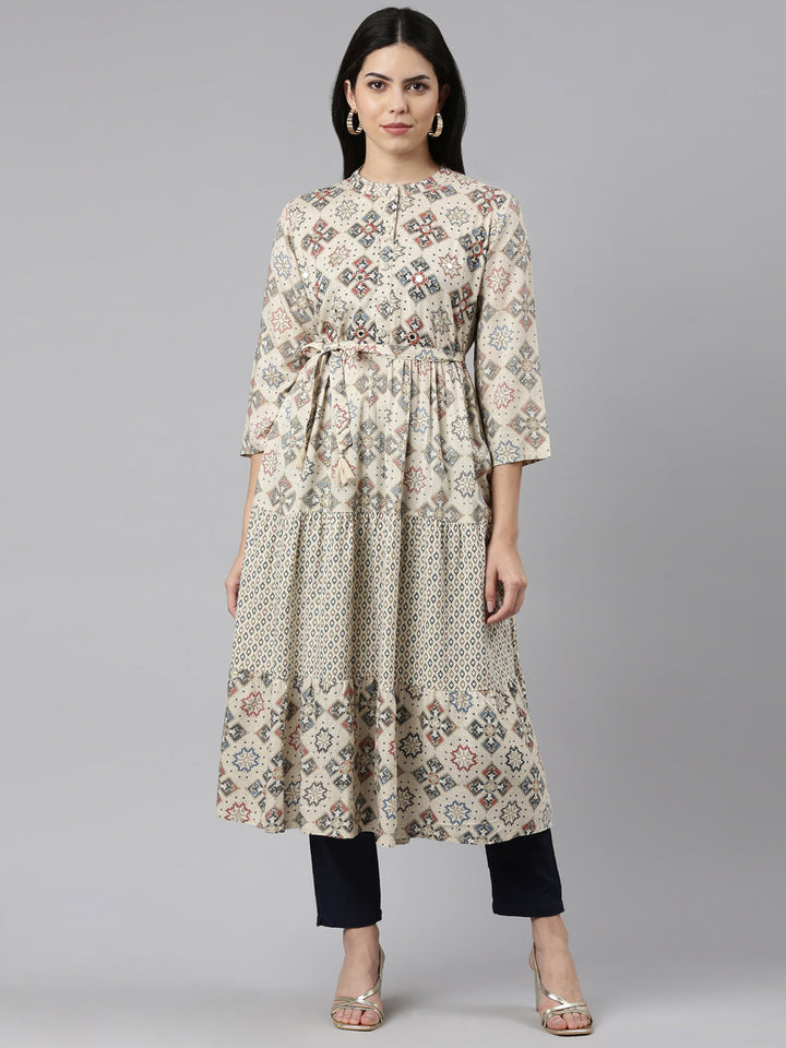 Neerus Beige printed maxi dress straight silhouette - front view