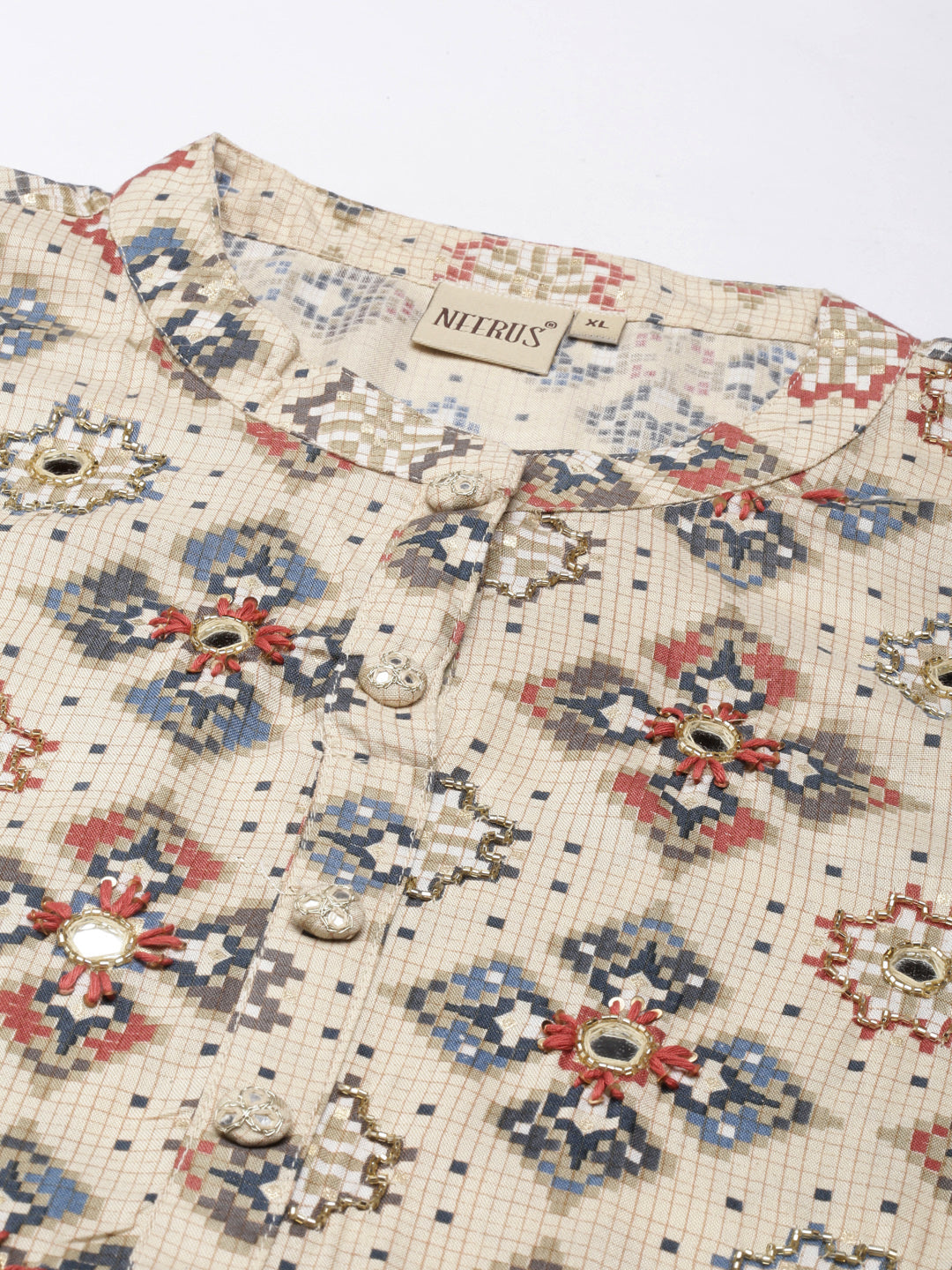 Neerus Beige printed maxi dress straight silhouette - detail view 1