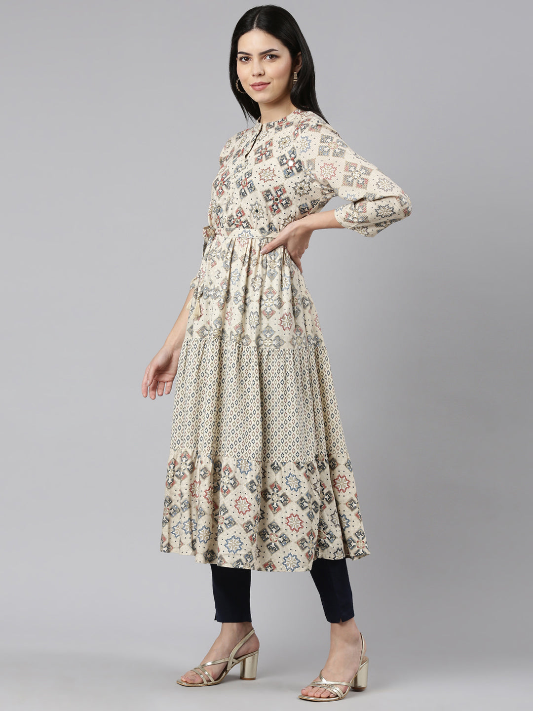 Neerus Beige printed maxi dress straight silhouette - back view
