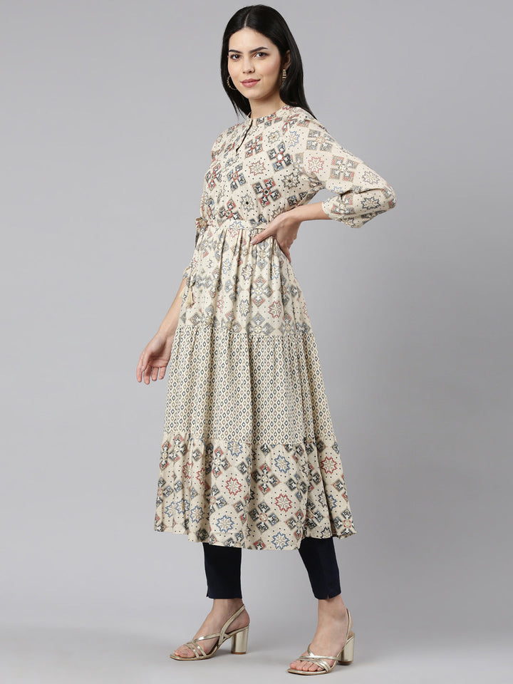 Neerus Beige printed maxi dress straight silhouette - back view