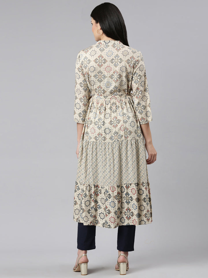 Neerus Beige printed maxi dress straight silhouette - side view