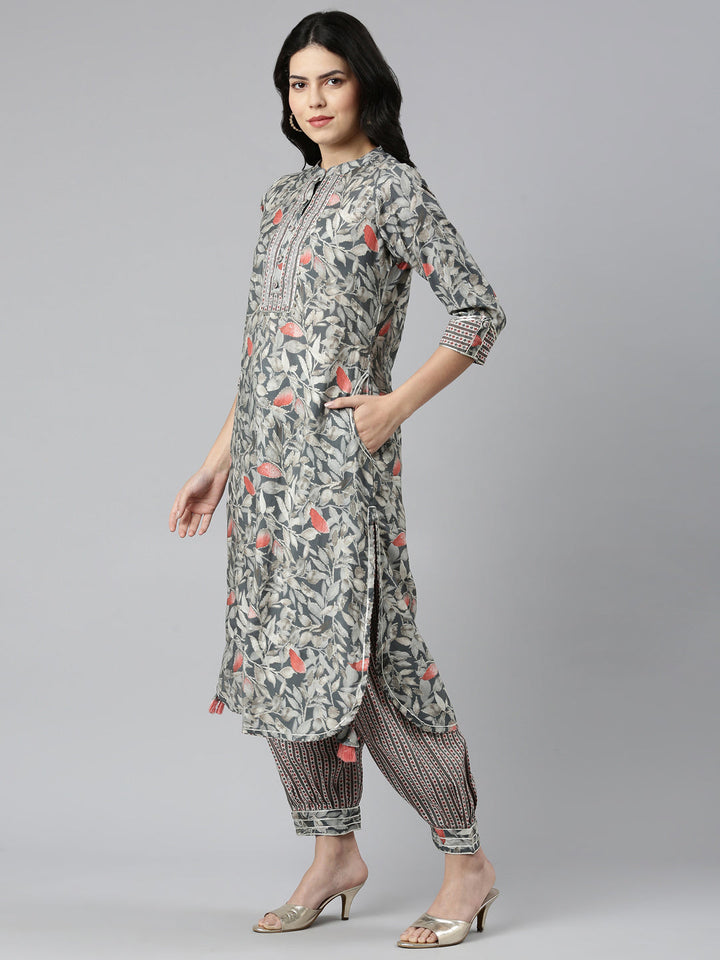 Neerus Grey printed straight kurta set with dupatta - back view