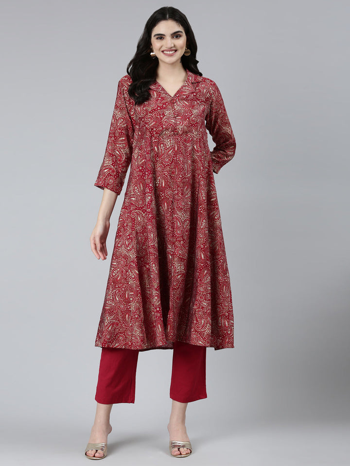 Neerus Maroon printed paisley kurta set with trouser - detail view 2