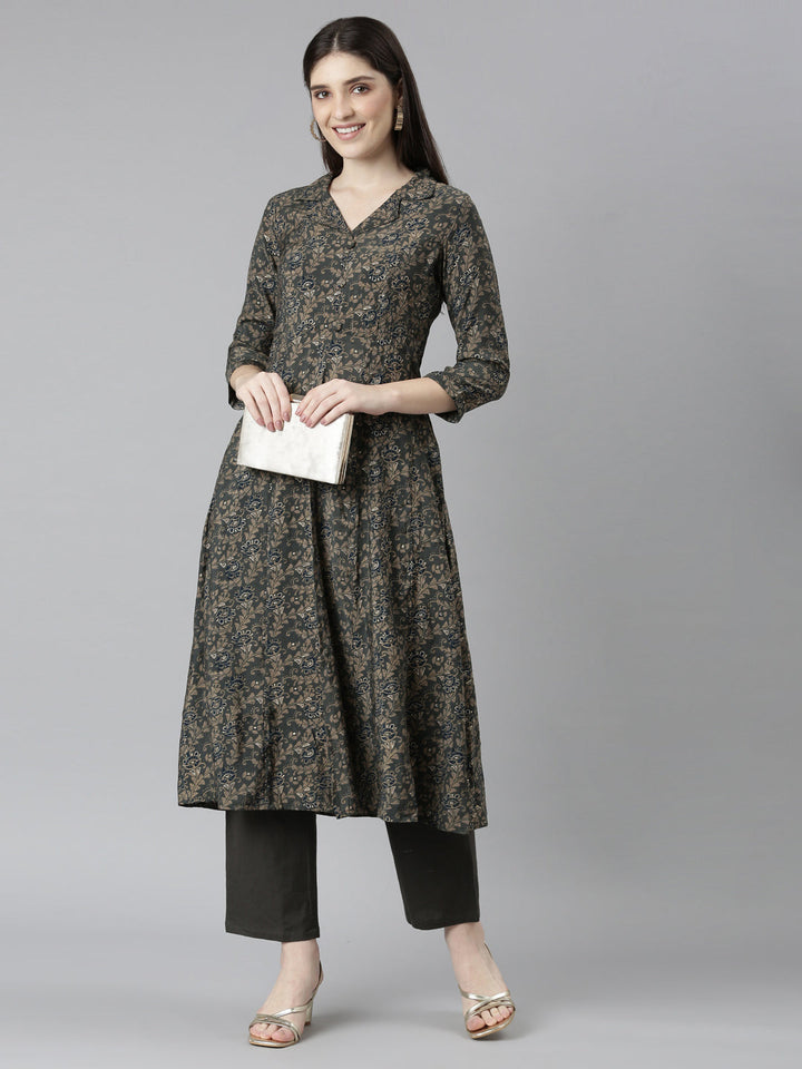 Neerus Grey printed floral kurta set with trousers - detail view 2