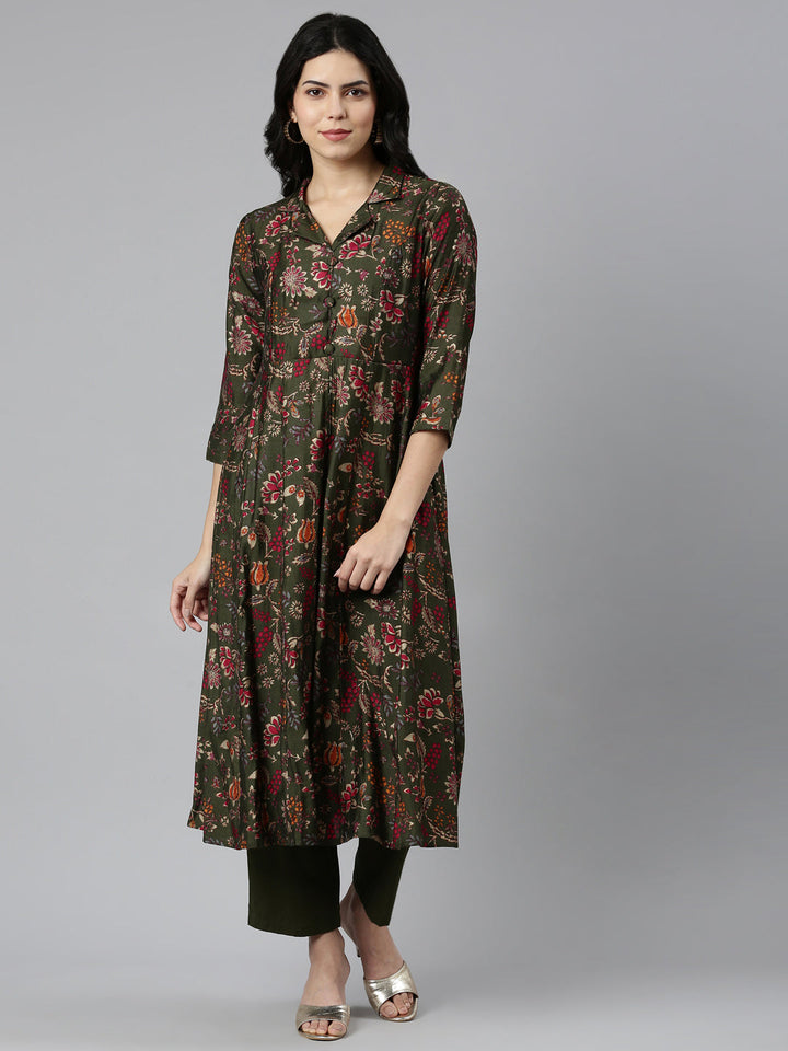 Neerus Green printed straight kurta set - front view