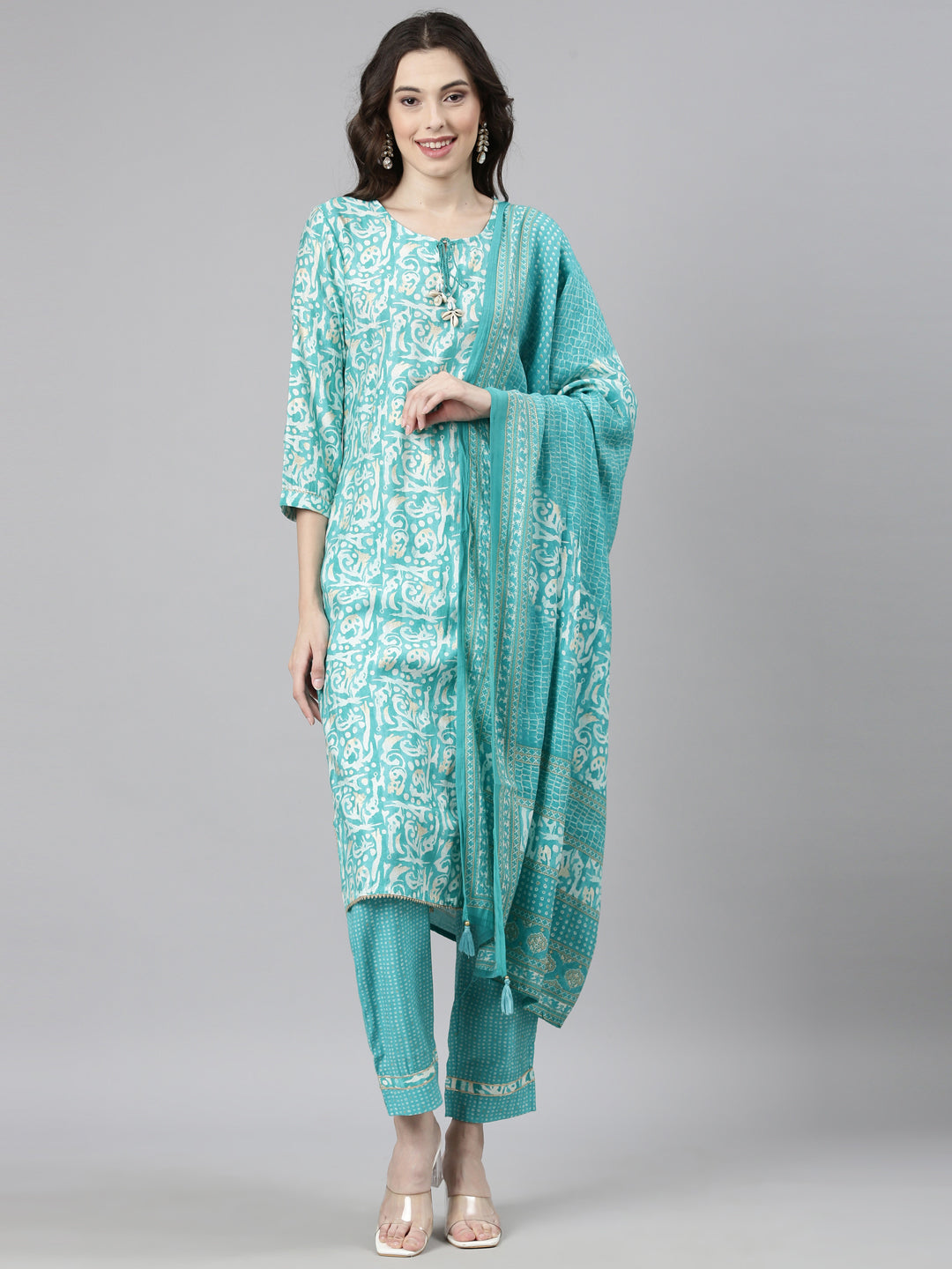 Neerus Green modal printed suit set - front view