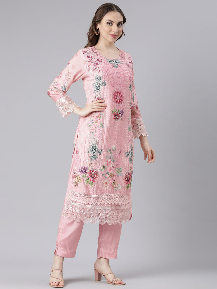 Neerus Pink Muslin Straight Casual Floral Kurta and Trouser with Dupatta