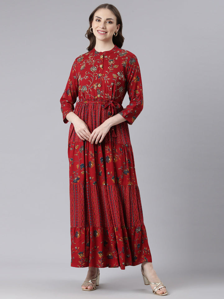 Neerus Red viscose rayon printed maxi dress - front view