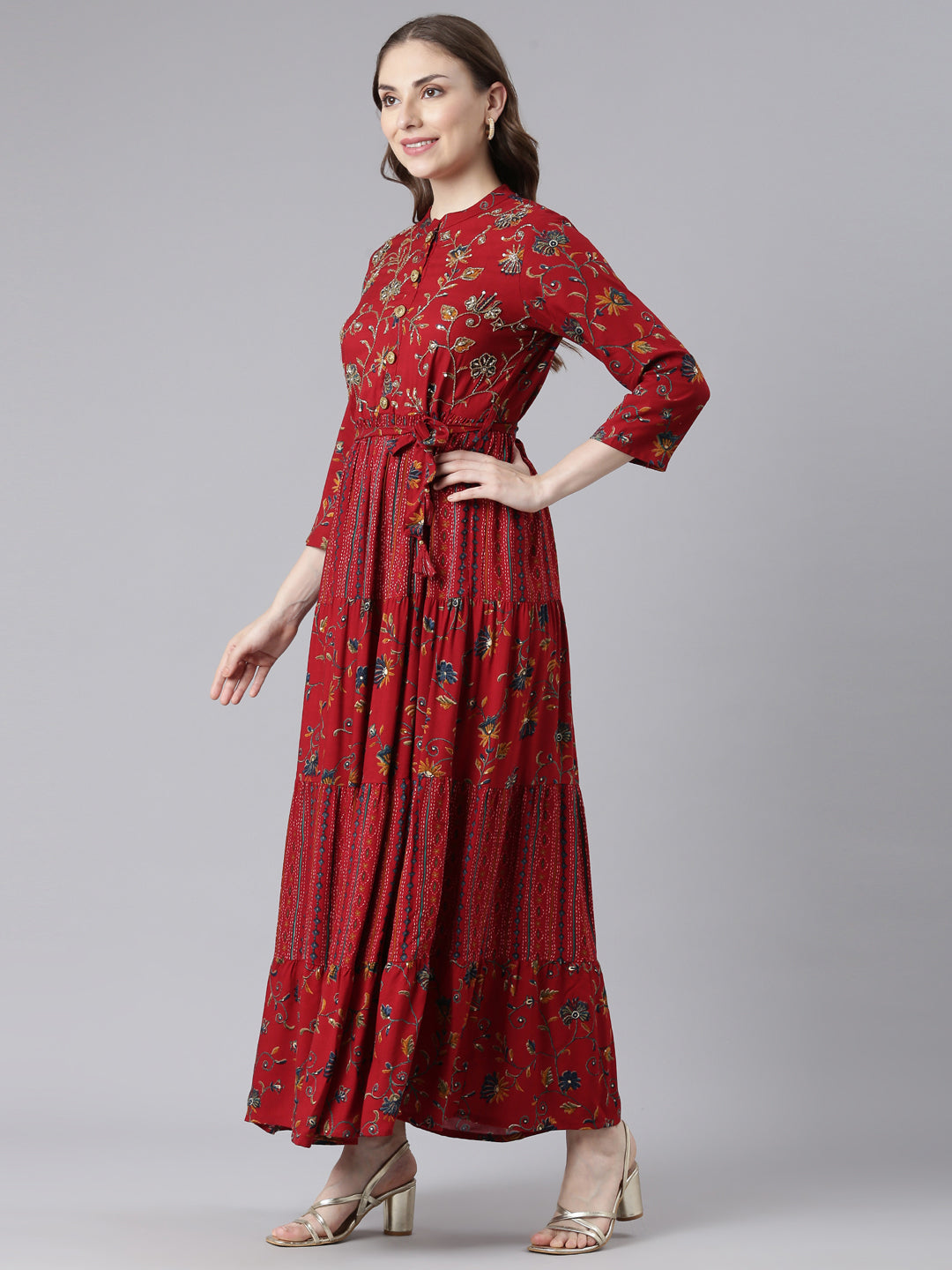 Neerus Red viscose rayon printed maxi dress - back view