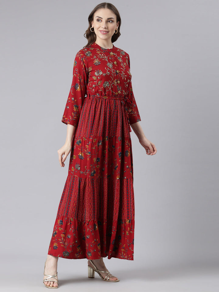 Neerus Red viscose rayon printed maxi dress - side view