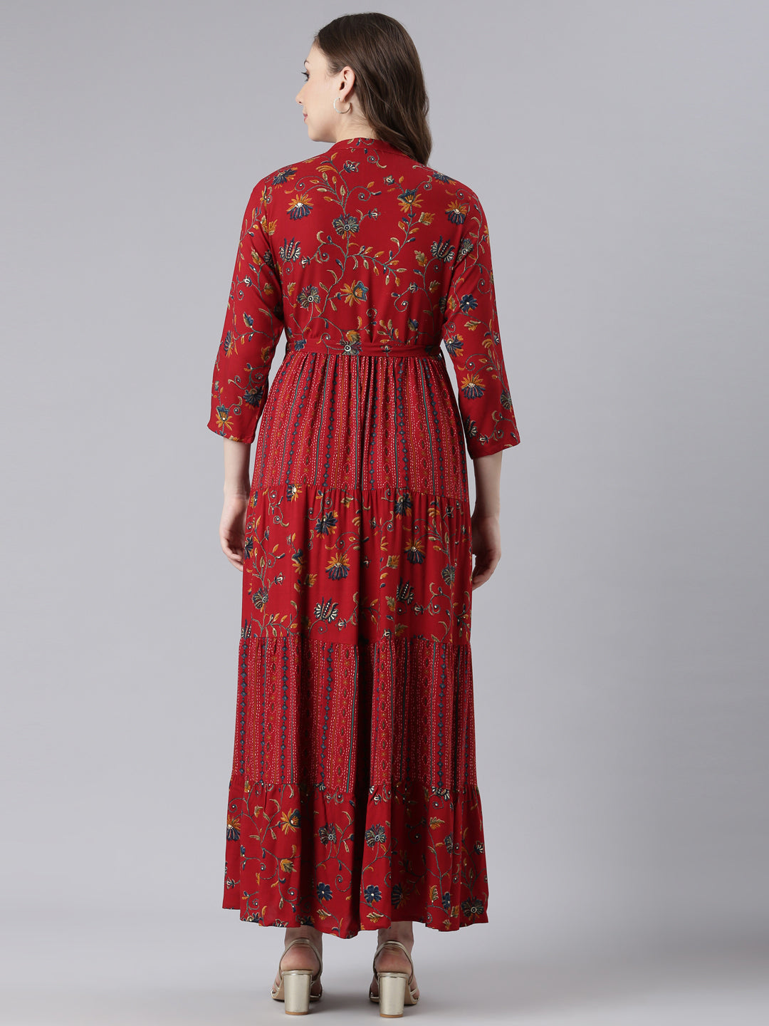 Neerus Red viscose rayon printed maxi dress - detail view 1