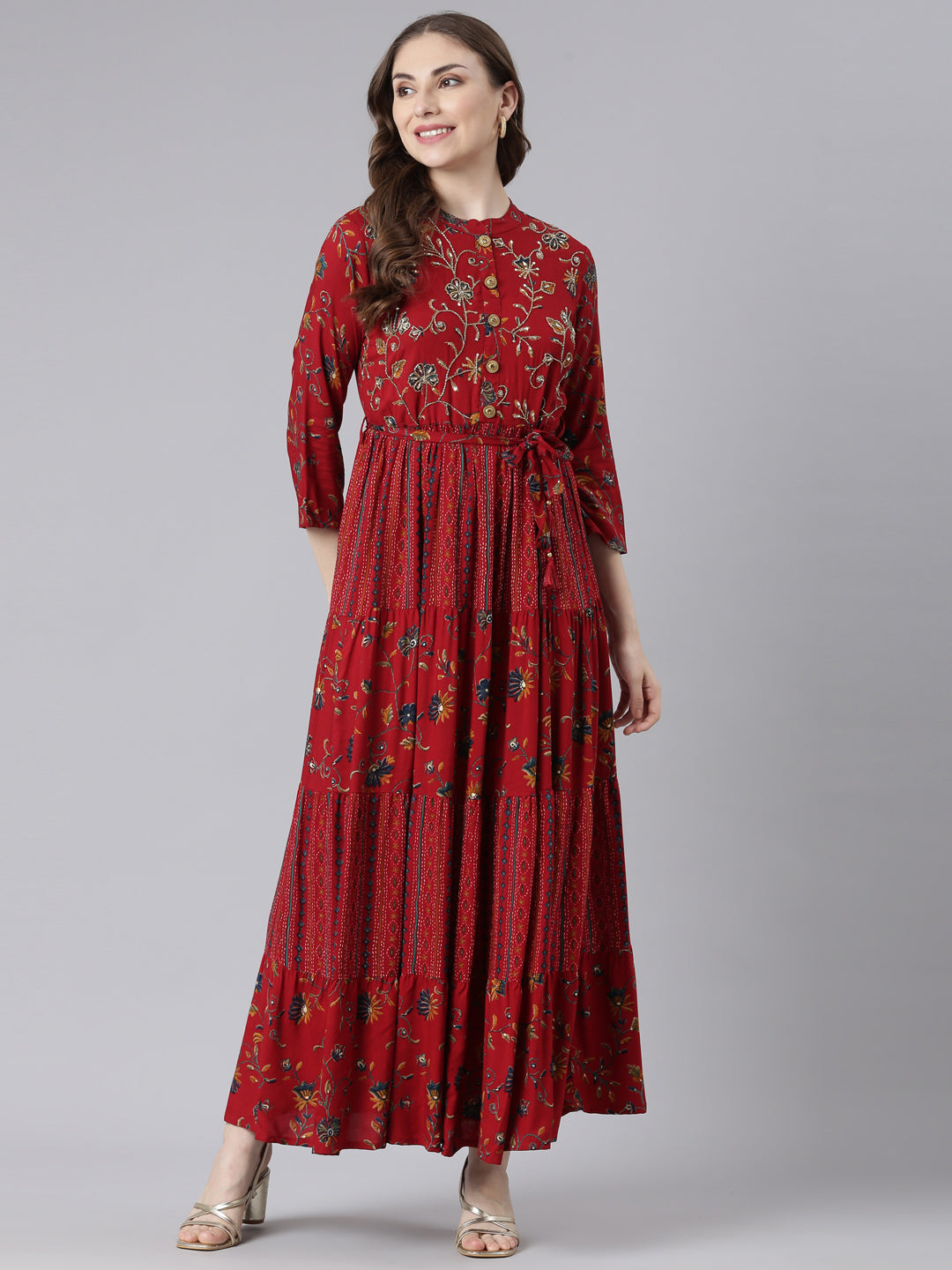 Neerus Red viscose rayon printed maxi dress - detail view 3
