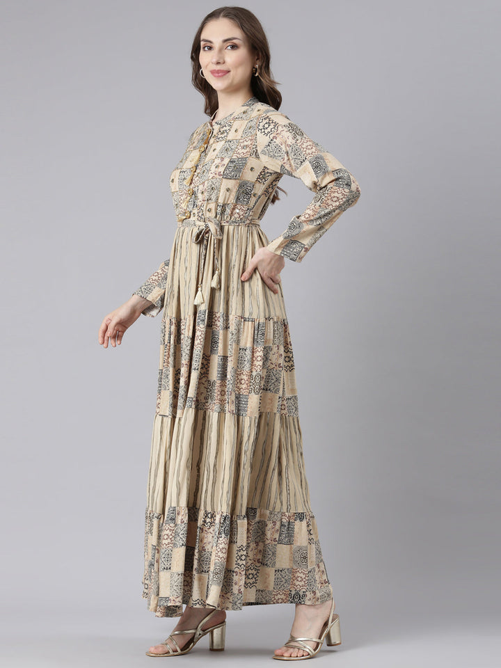 Neerus Beige Viscose Rayon Curved Casual Geometric Maxi Dresses