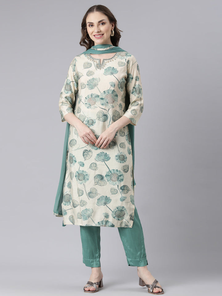 Neerus Green muslin printed floral suit set - front view