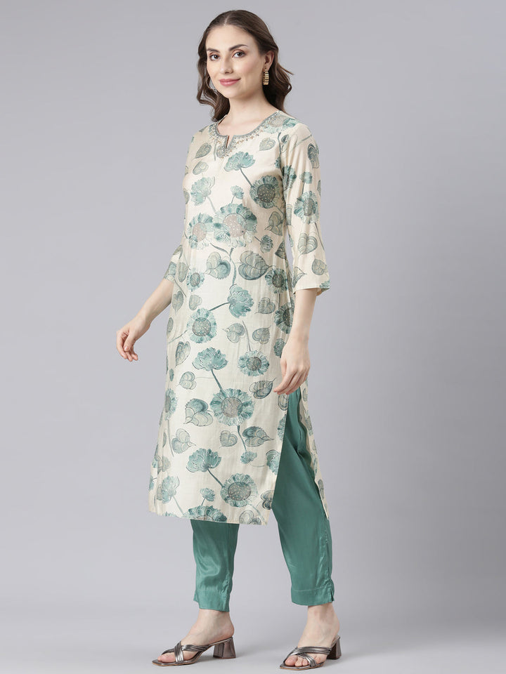 Neerus Green muslin printed floral suit set - back view