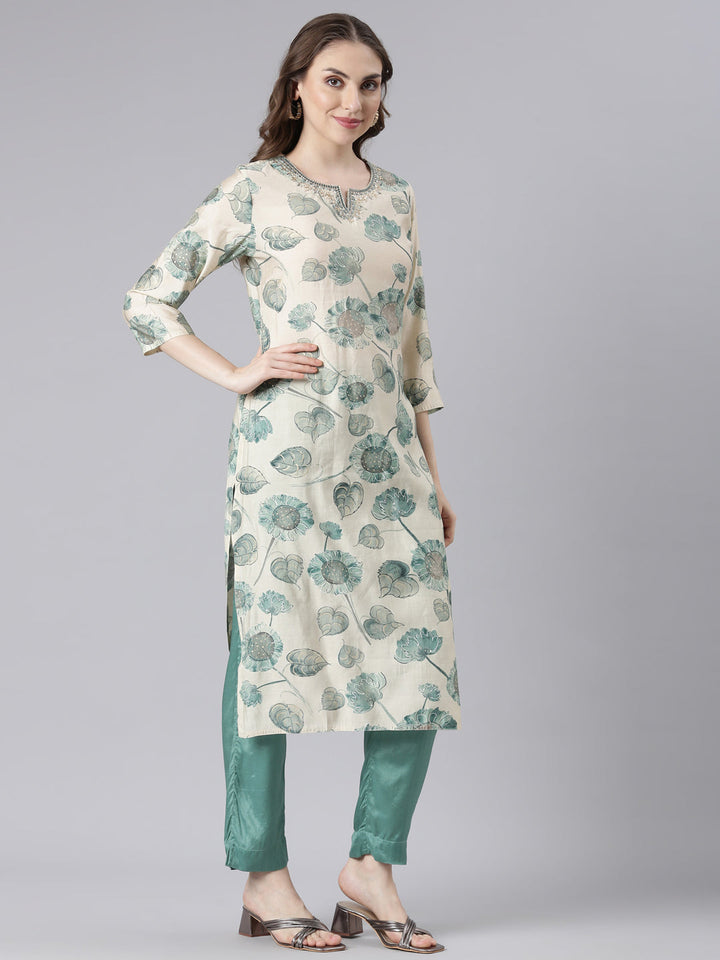 Neerus Green muslin printed floral suit set - side view