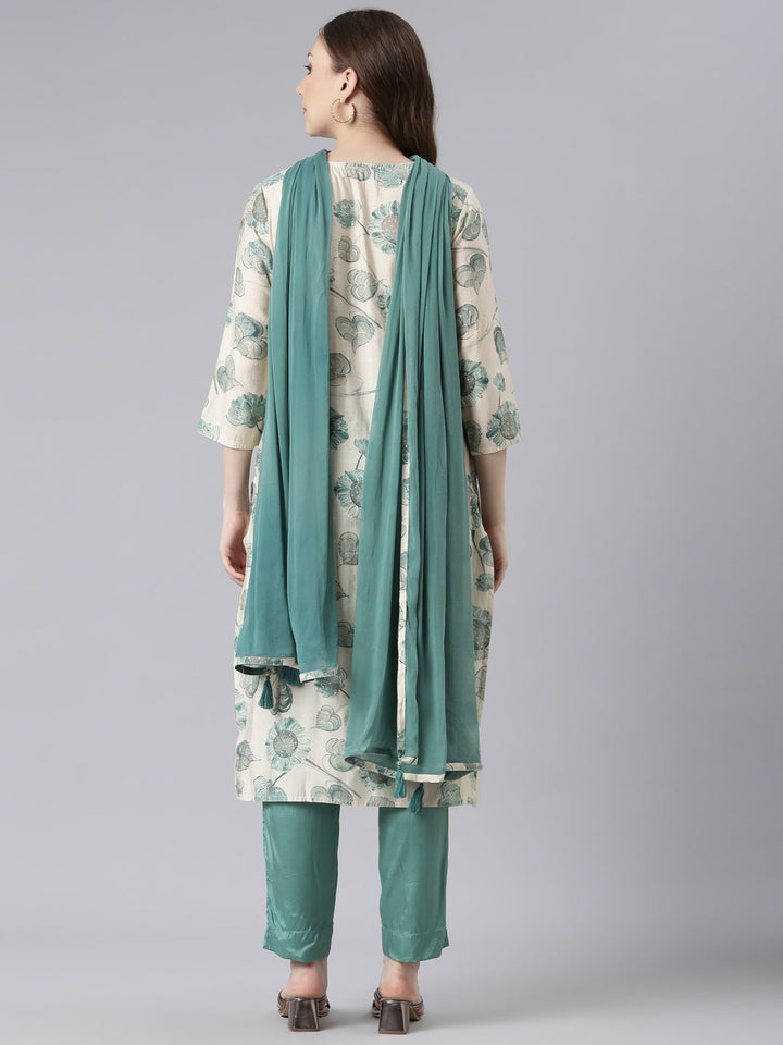 Neerus Green muslin printed floral suit set - detail view 1
